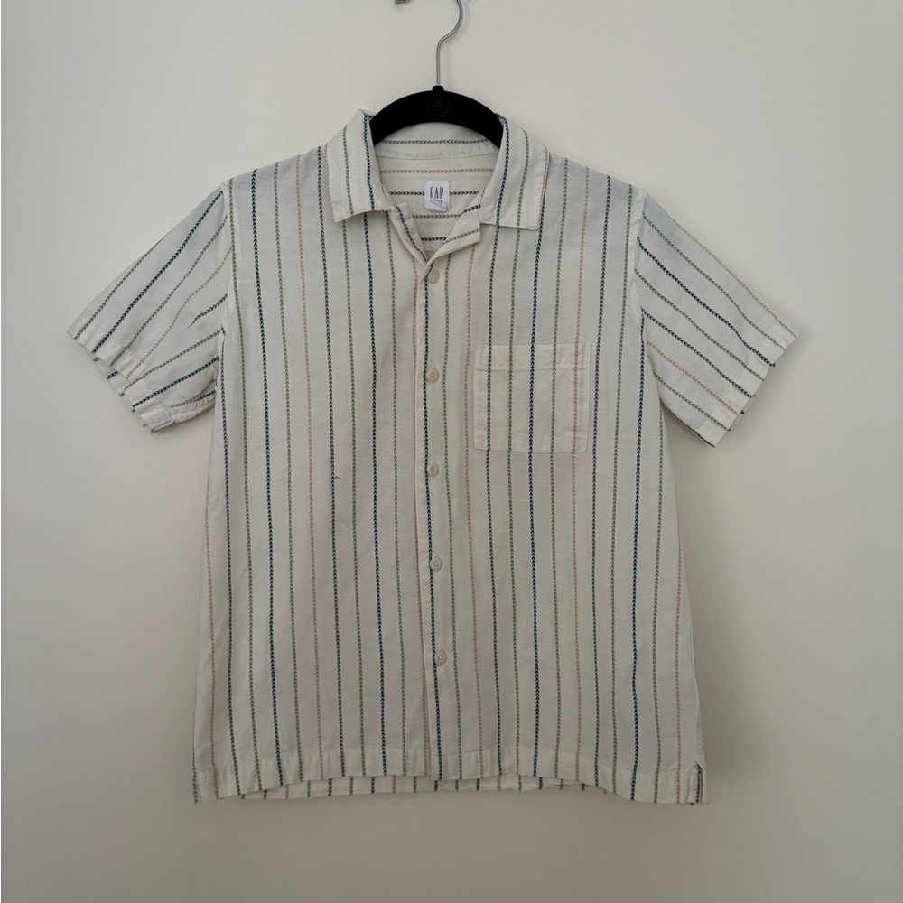 GAP Short-Sleeve Button-Down Shirt in White with Green & Navy Stripes